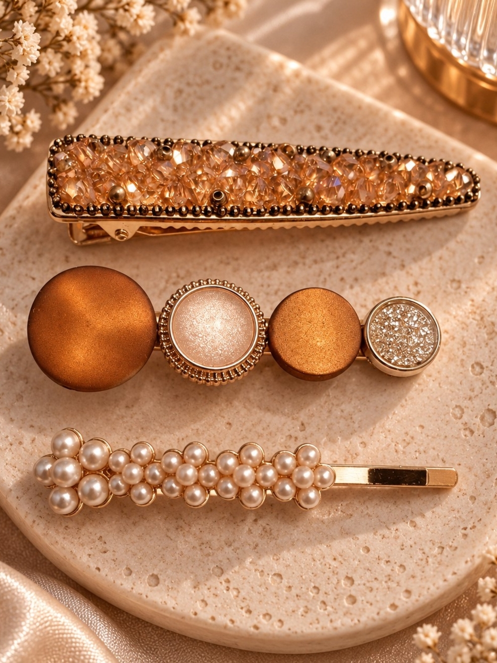 Elegant Gold Tone Metal Pearl & Crystal Hair Clip Set - New